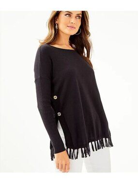 Lilly Pulitzer Sweater Womens Small Black Fringe Buttons Oversized Ramona Boho